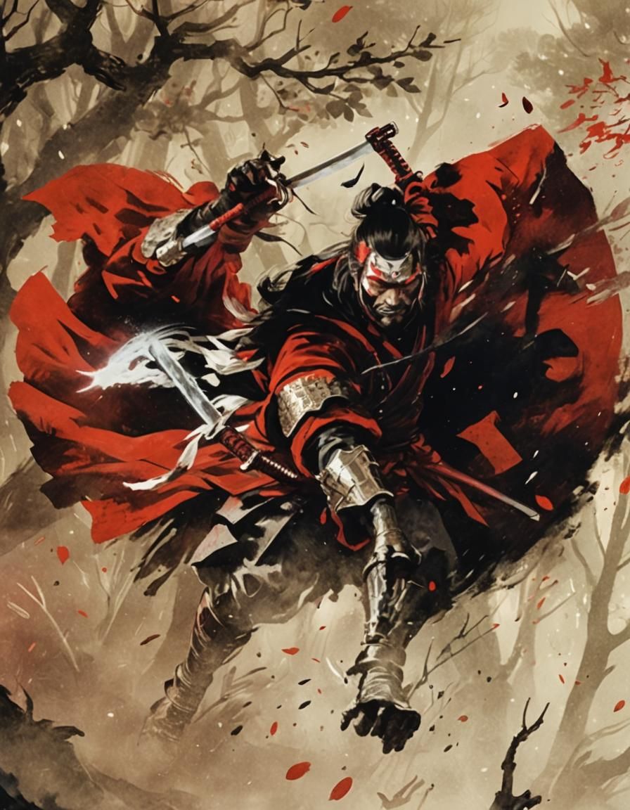 Red Samurai vs Ninja in Foggy Forest