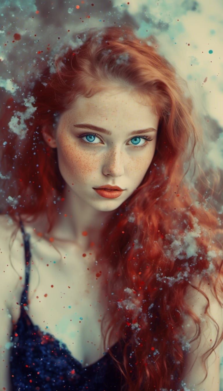 Glitch Art: Woman with Blue Eyes in Neon Lighting