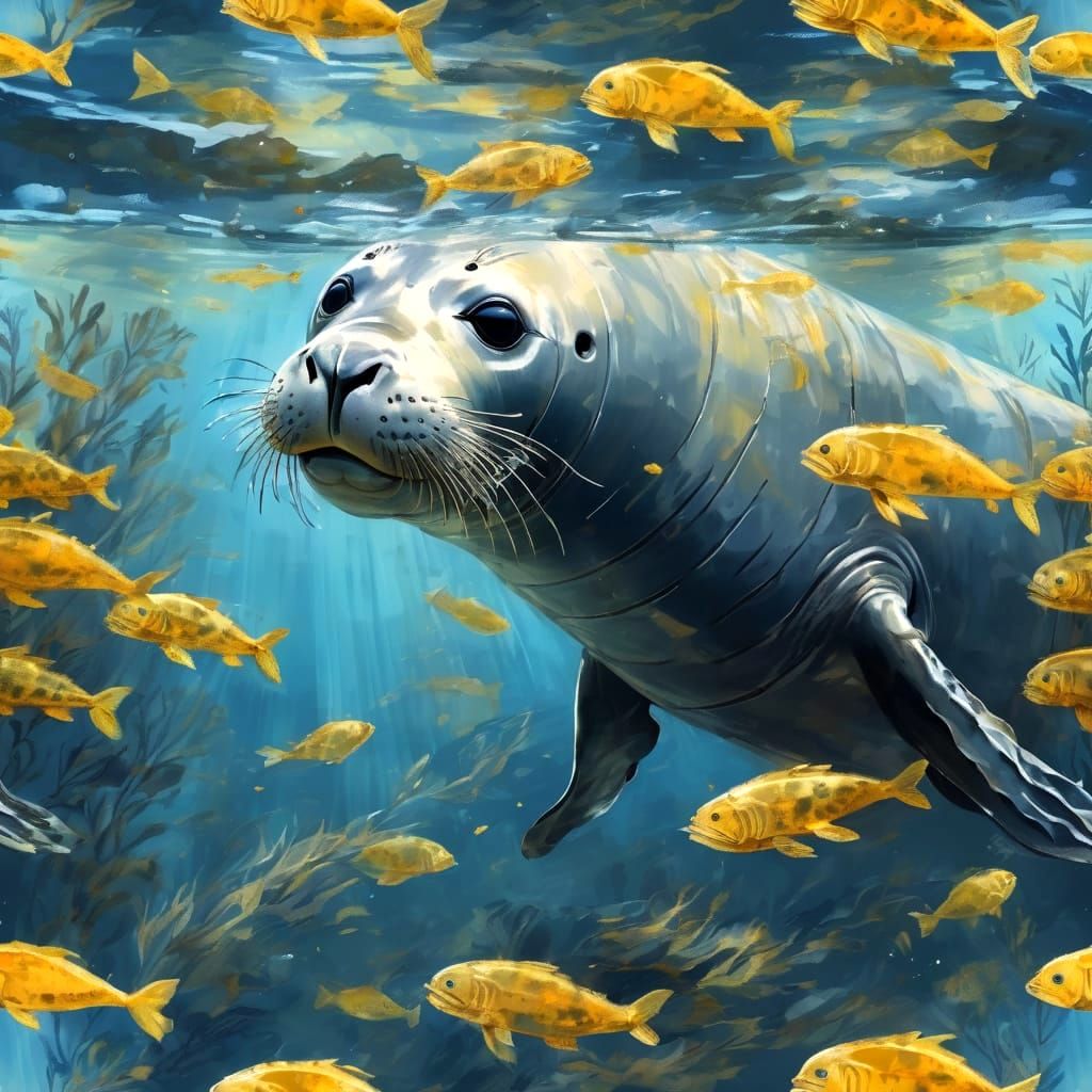 Underwater Kelp Forest with Seals in Precisionist Style