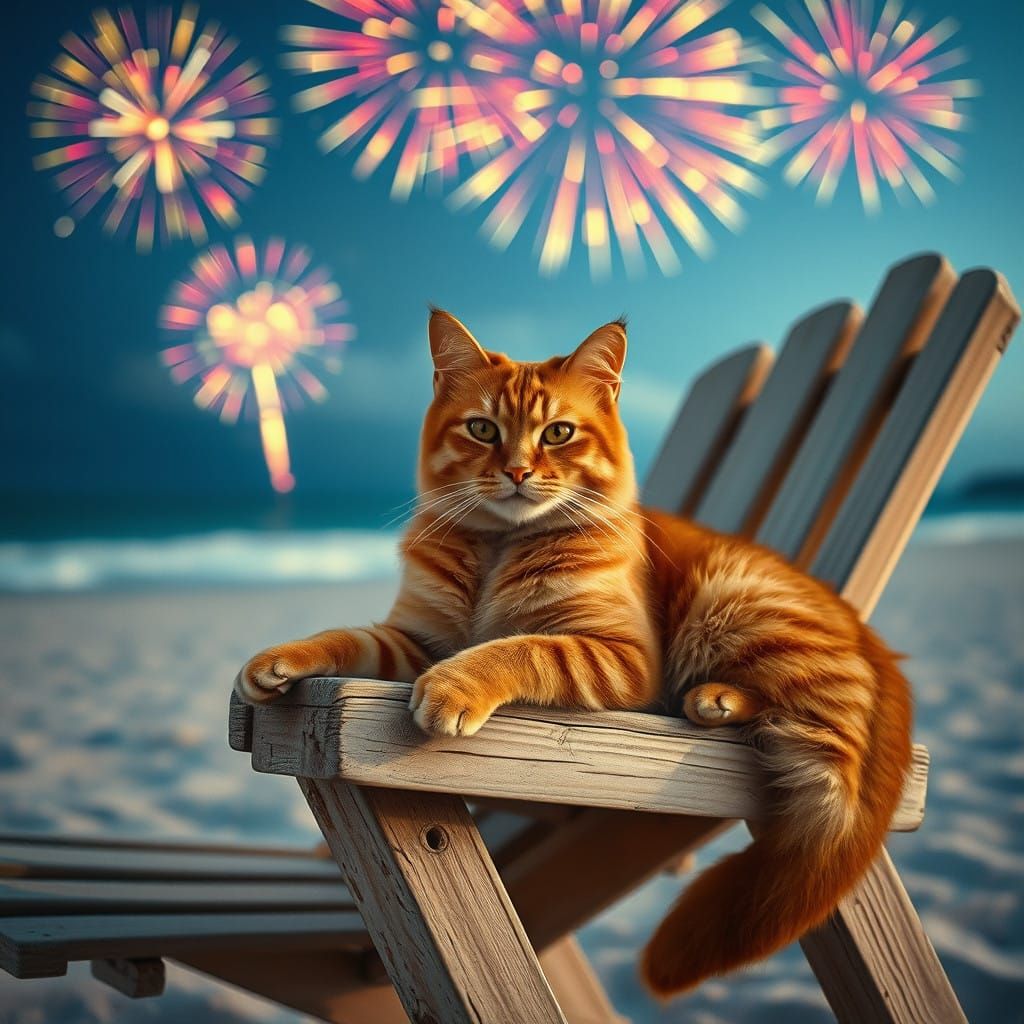 Warm Summer Sunset Scene of Majestic Orange Tabby Cat on Bea...