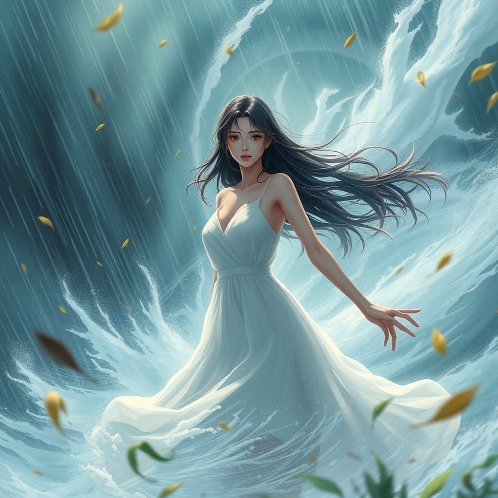 Woman Controls Storm in Anime Key Visual Style