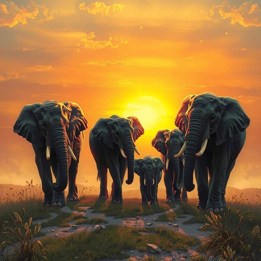Family of Elephants Basks in Warm Sunset Glow
