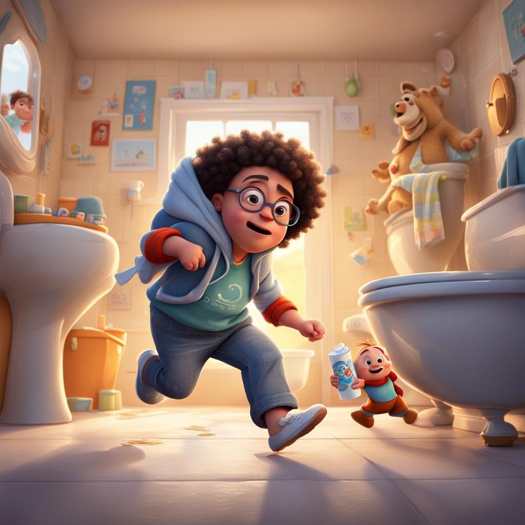 Mother Chasing Baby with Toilet Paper, Pixar Style