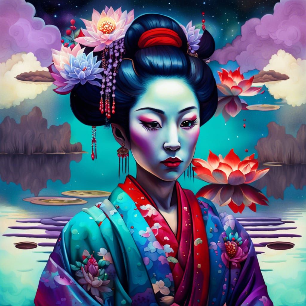 Geisha Reflecting in Lotus Pond: Vibrant Street Art