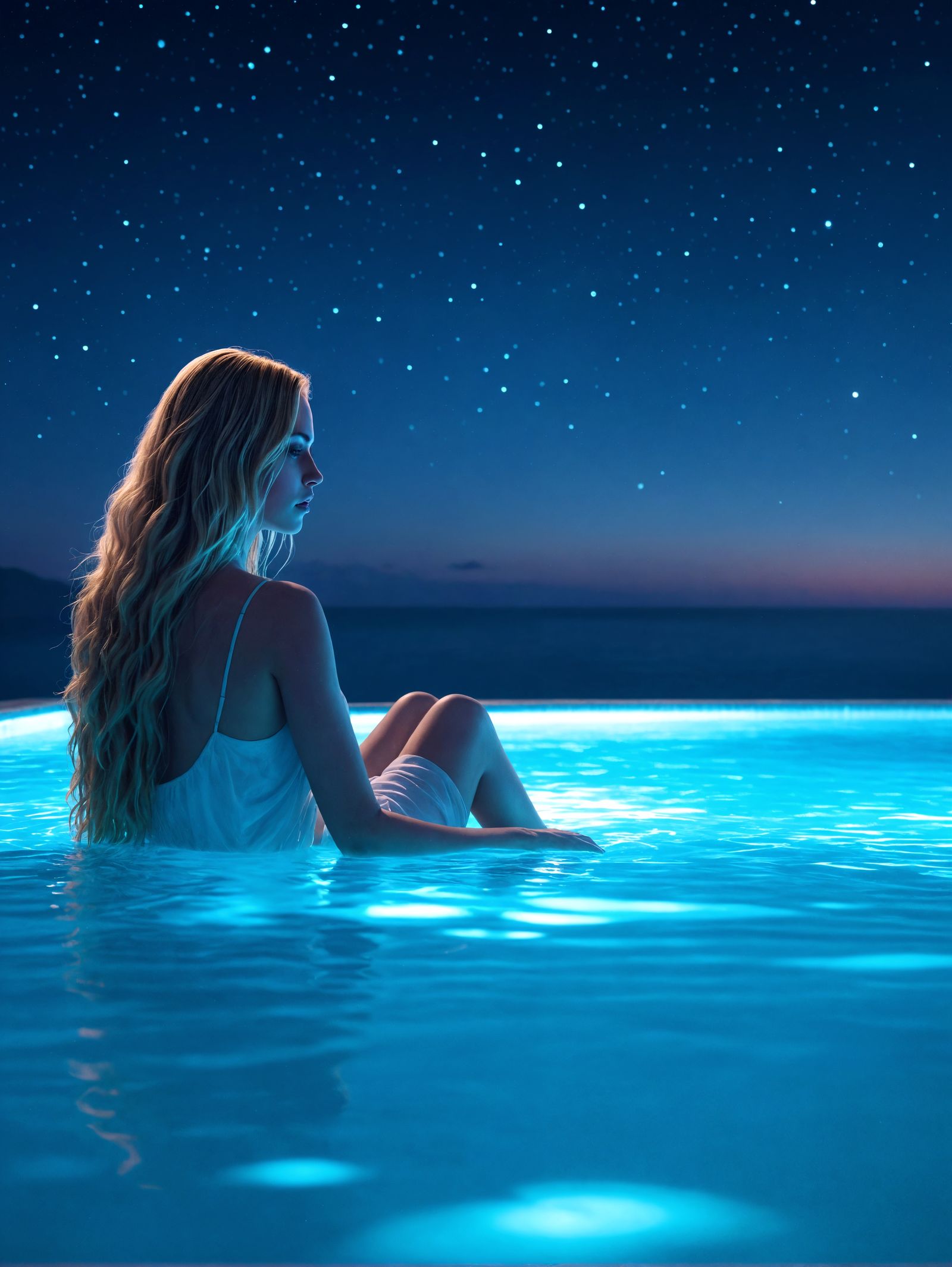 Woman Reflecting in Glowing Pool Under Starlit Sky