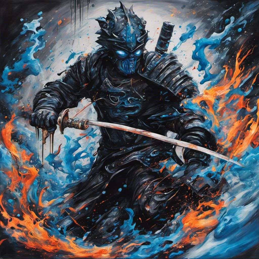 Fiery Katana Warrior Battling Demon: Graffiti Art