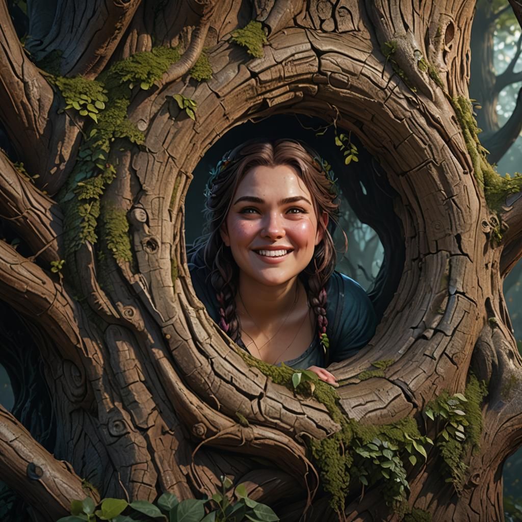 Devious Woman in Tree Hollow, Detailed Matte Painting