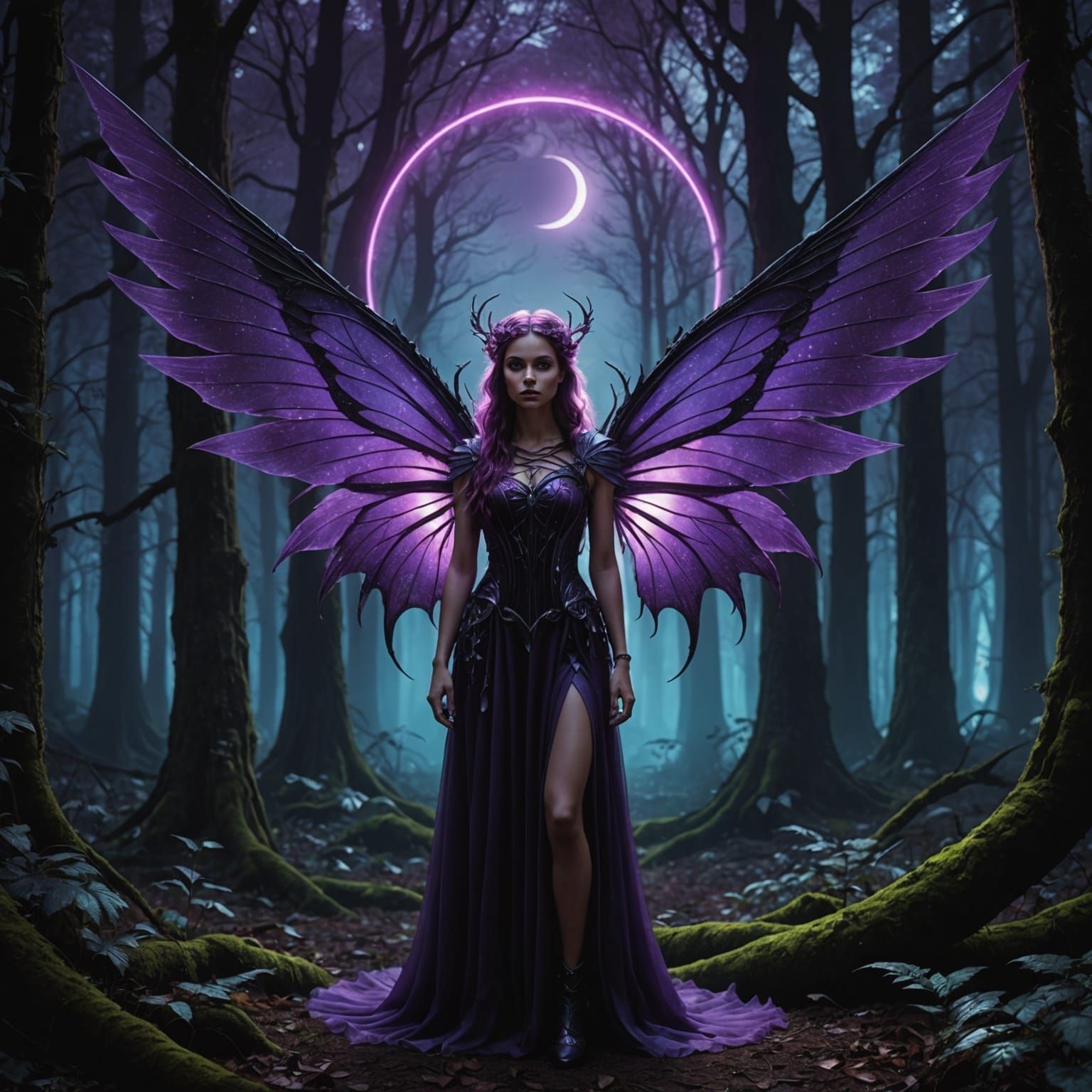 Neon Fairy in Gothic Forest with Eclipse