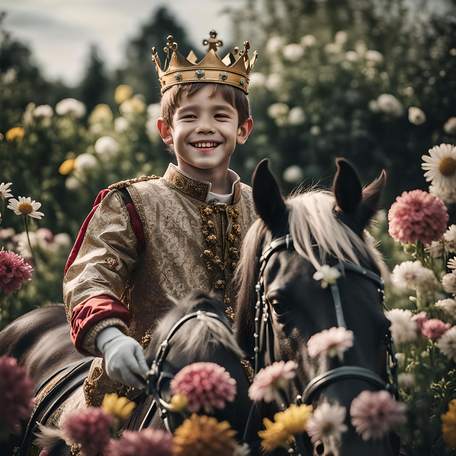 Joyful Young King on Horse in Flower Garden
