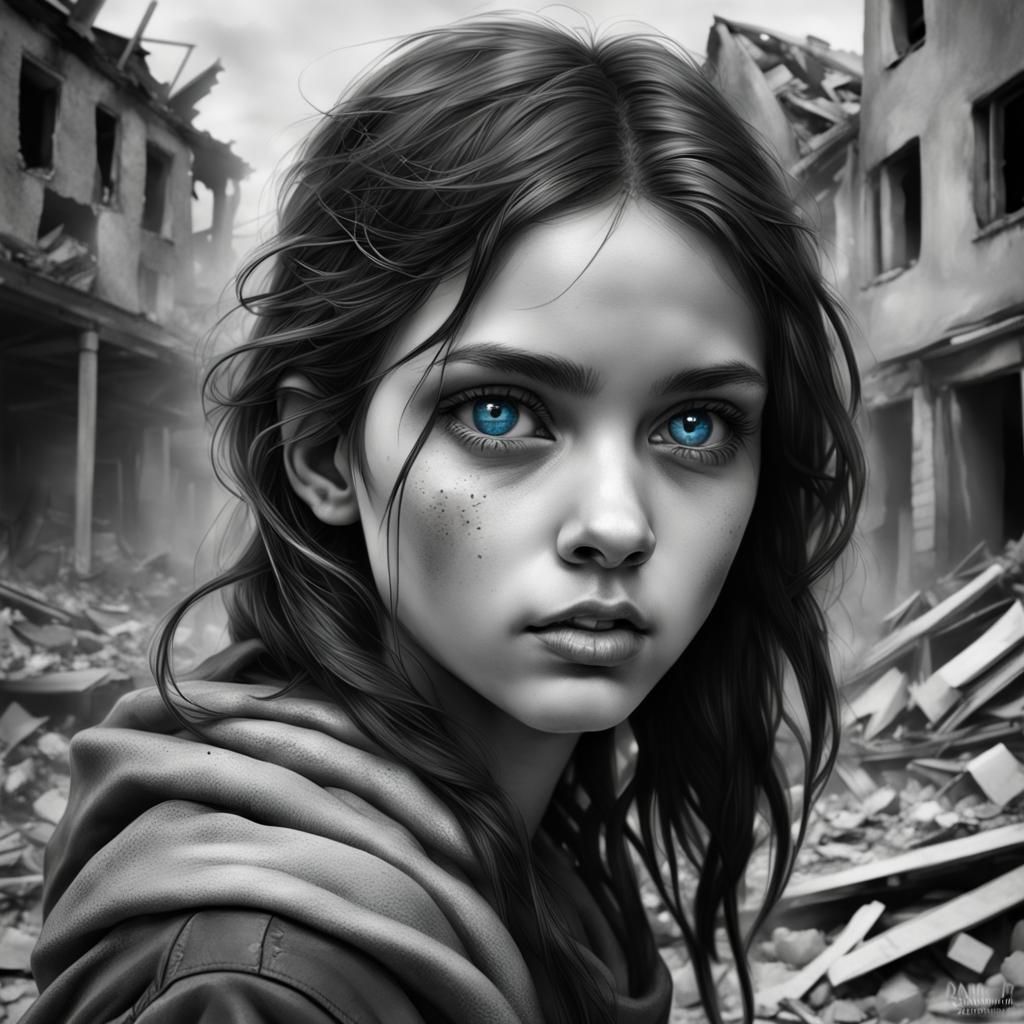 Haunted Girl in War Zone: Black and White Portrait
