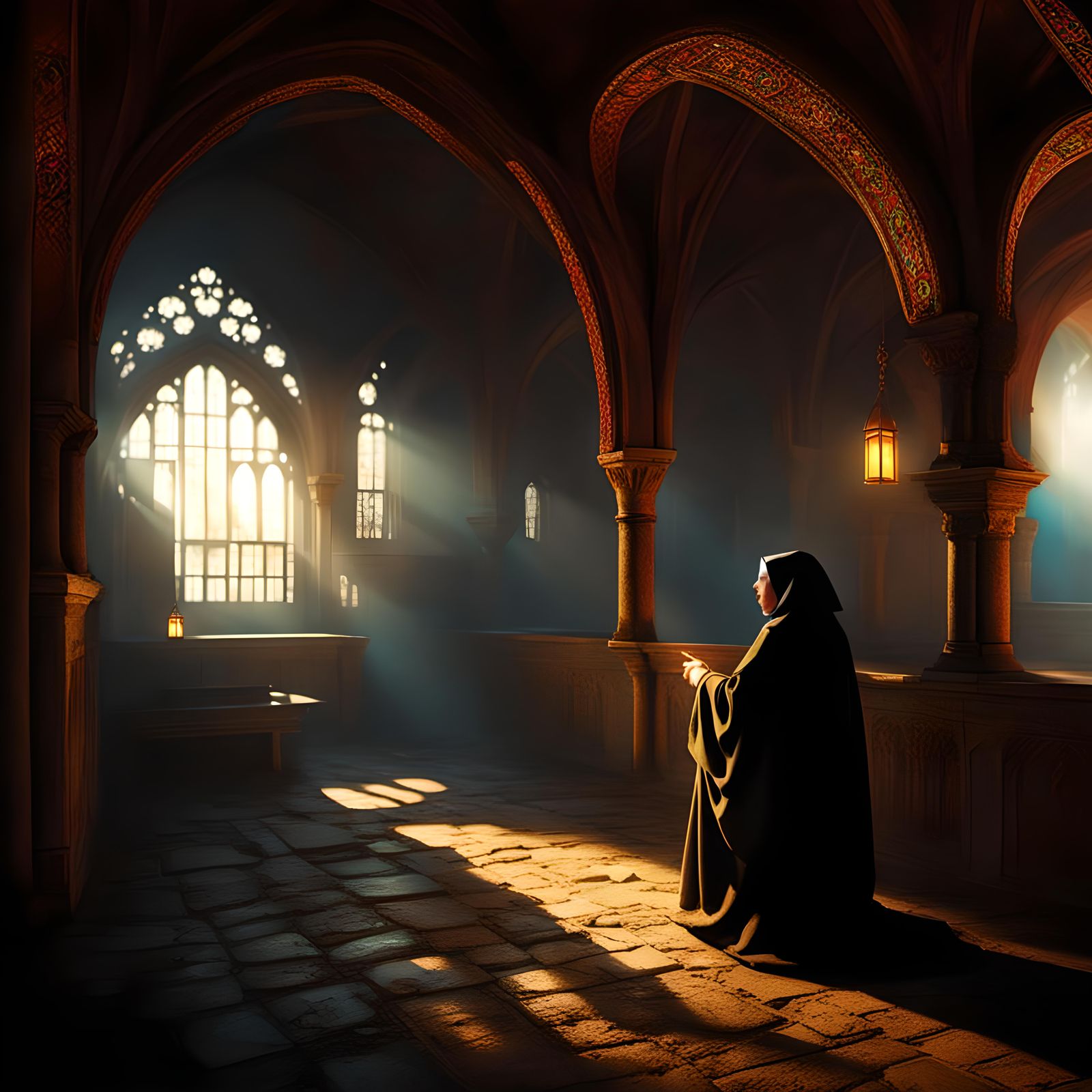 Mysterious Nun in Convent with Luminous Details