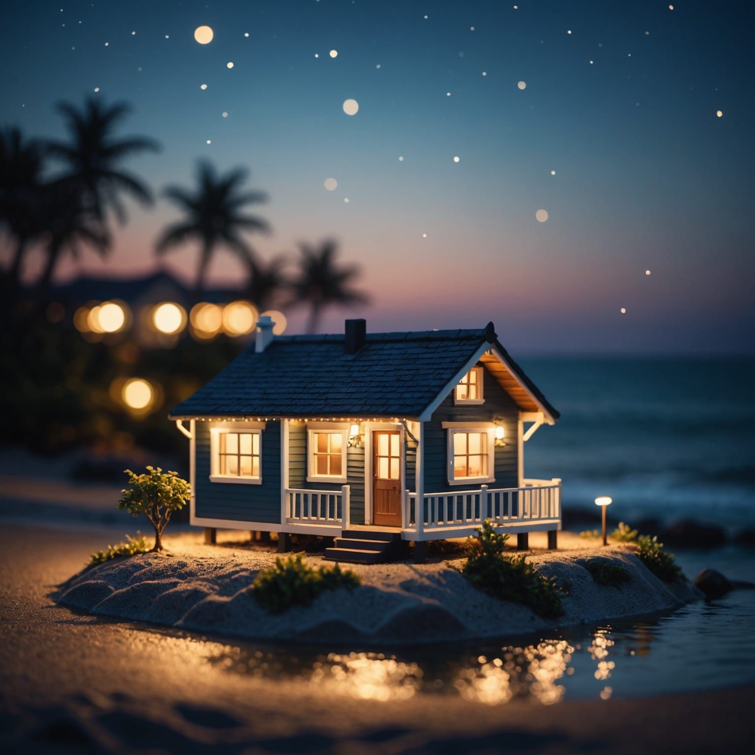 Miniature Bungalow on Night Ocean Shore