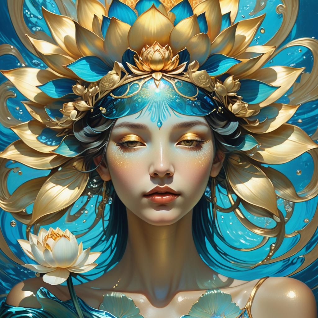 Golden Lotus in Radiating Blue Water, Art Nouveau Style
