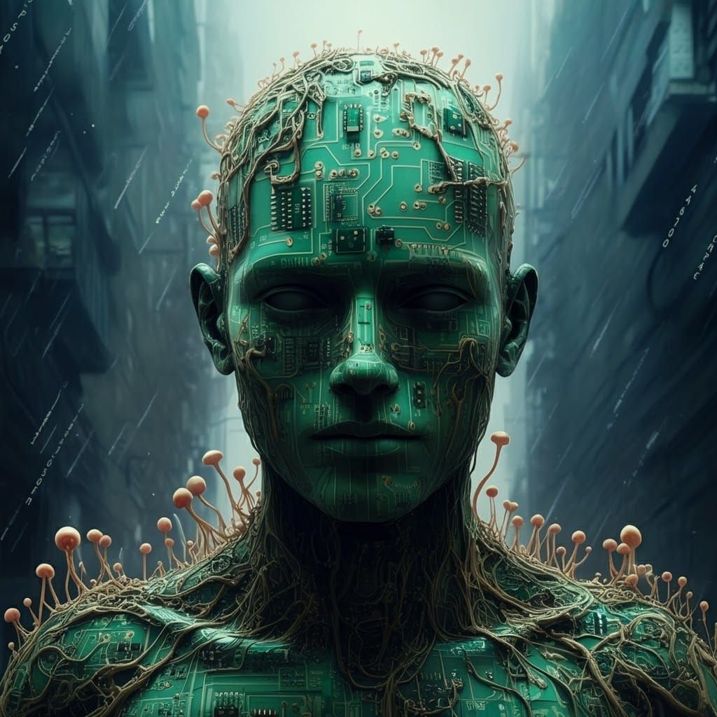 Surreal Mycelium Circuit Board Humanoid in Anime Style