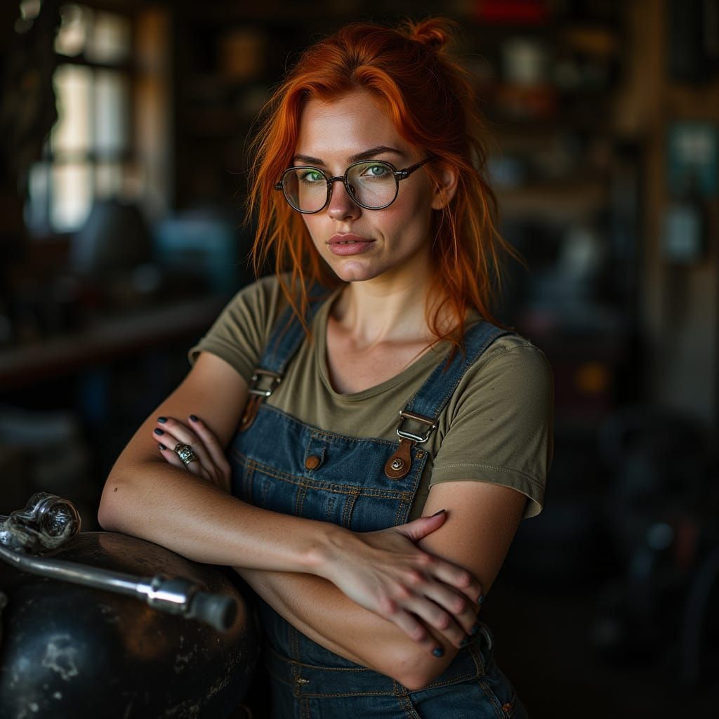 Confident Female Mechanic in Garage, Dramatic Lighting