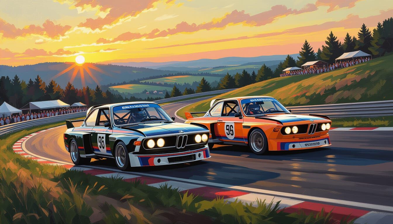 1970s BMW Race Cars Action Painting at Night