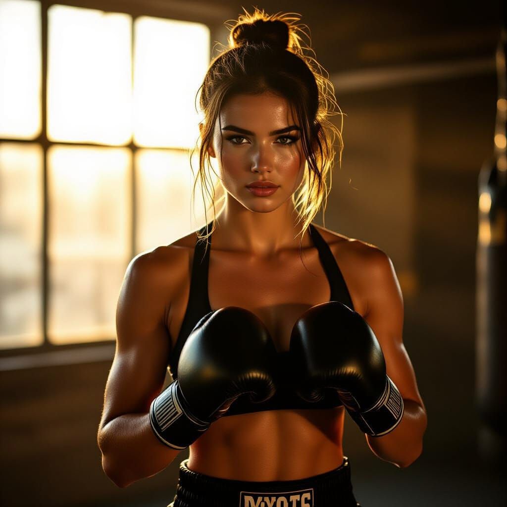 Confident Female Boxer Poses in Dramatic Gym Lighting