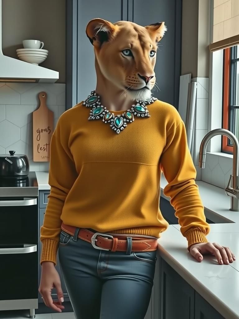 Modern Lioness in Chic Kitchen, Digital Art