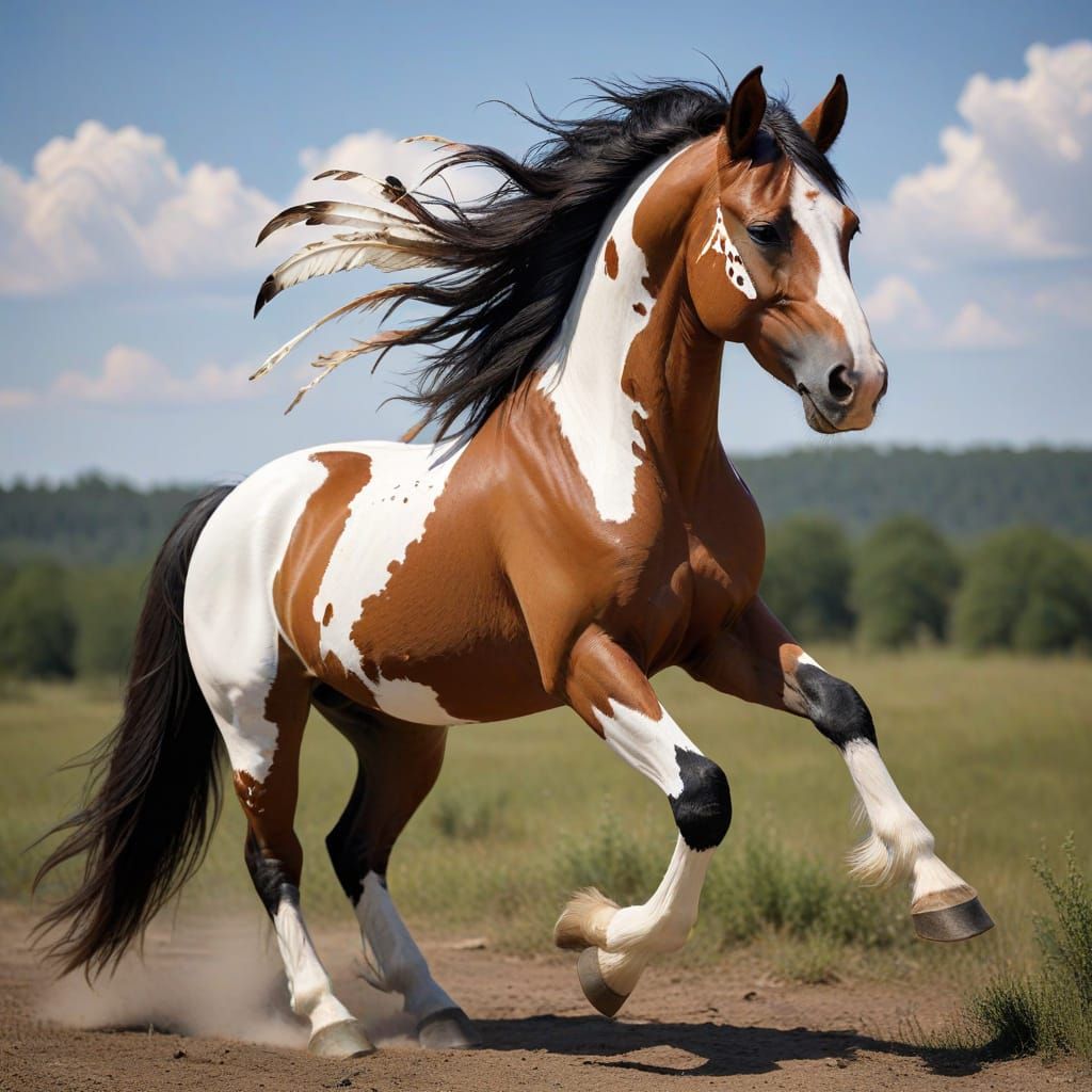 Native American Paint Horse with Feathers and War Paint