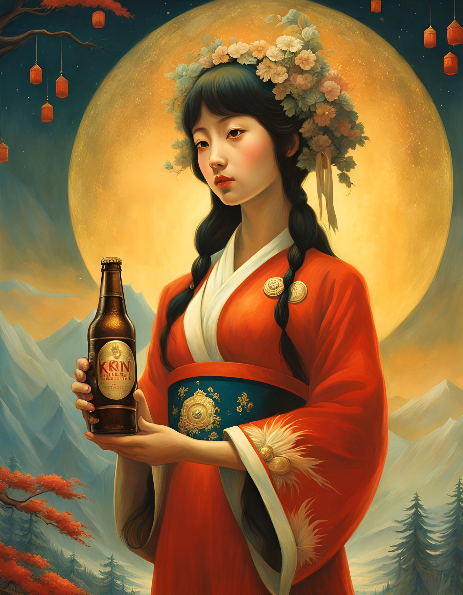 Dreamlike Kirin Beer Poster in Romanticism Style