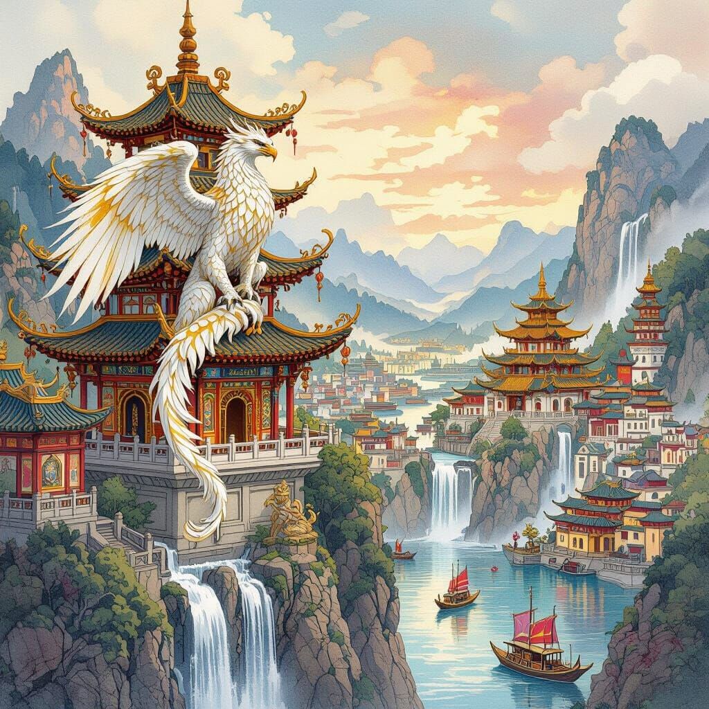 Griffin Overlooking Nordic-Asian City as Watercolor Art