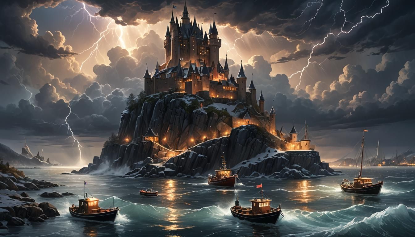 Castle Searchlights and Harbor Scene at Dusk