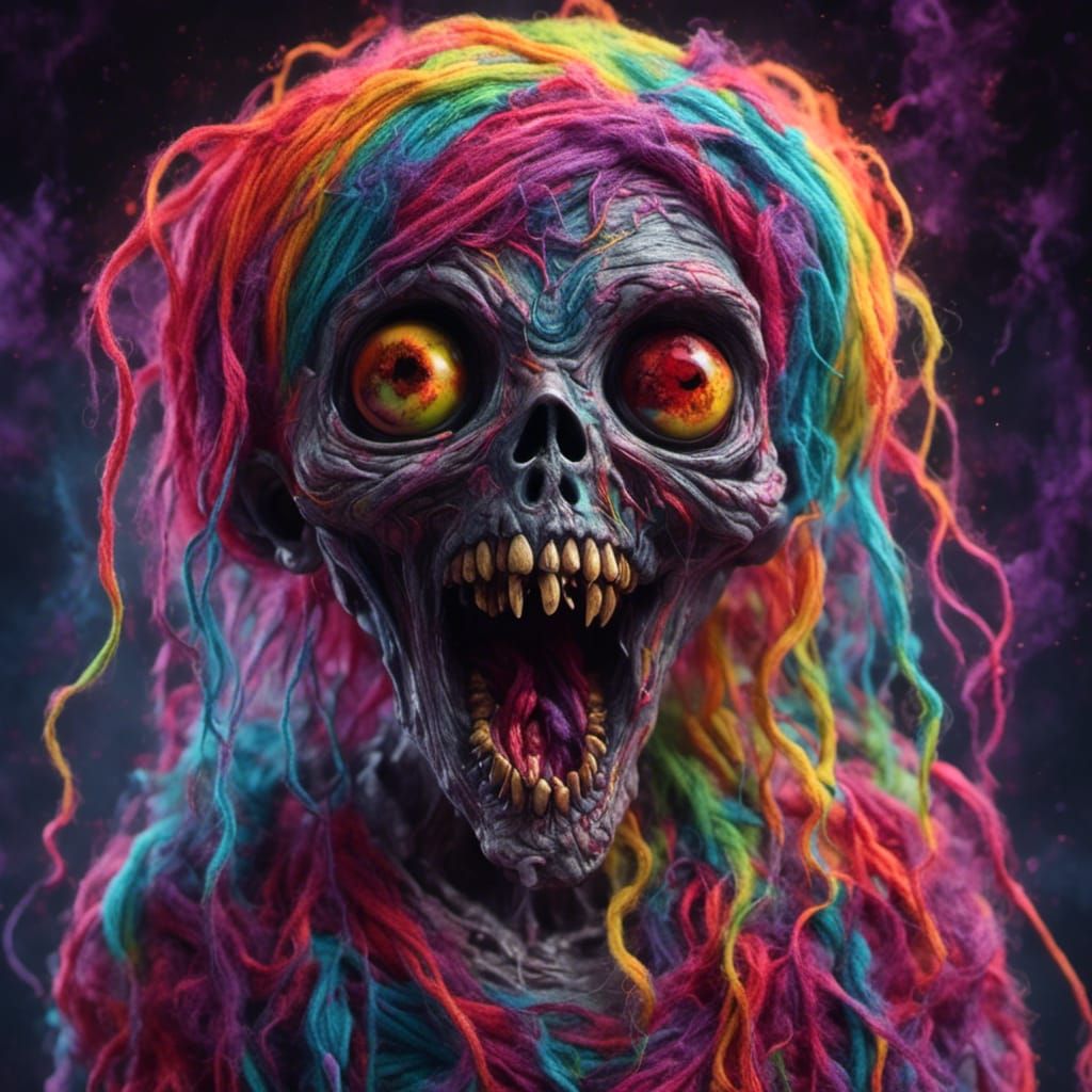 Rainbow Yarn Zombie in Dark Horror Fantasy Art
