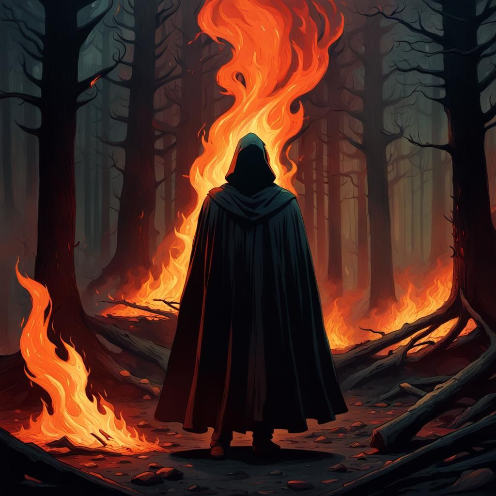 Cloaked Figure in Burning Forest: Film Noir Concept Art