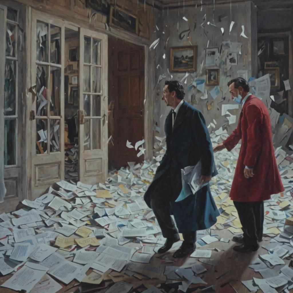 Surrealist Writer Overwhelmed by Endless Paperwork