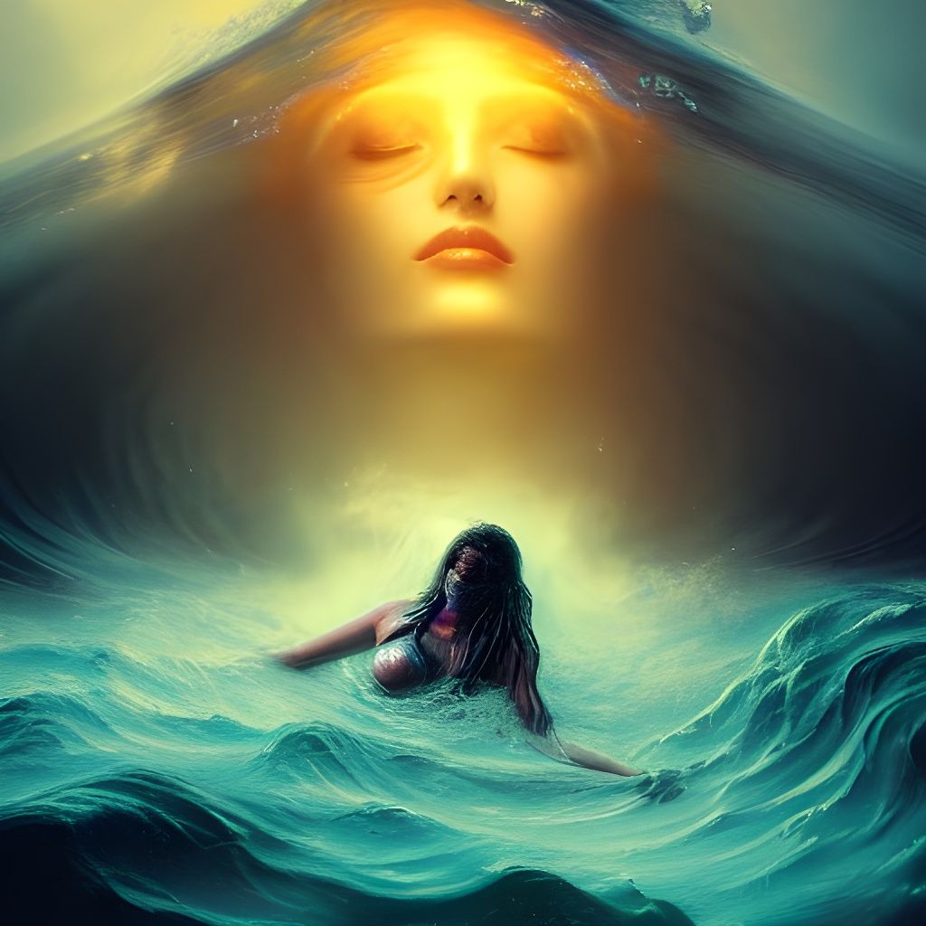 Goddess Drowning in Volatile Ocean Storm