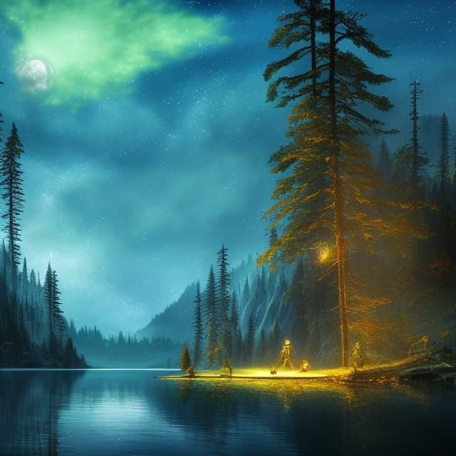Mystic Lake and Forest Under Northern Lights