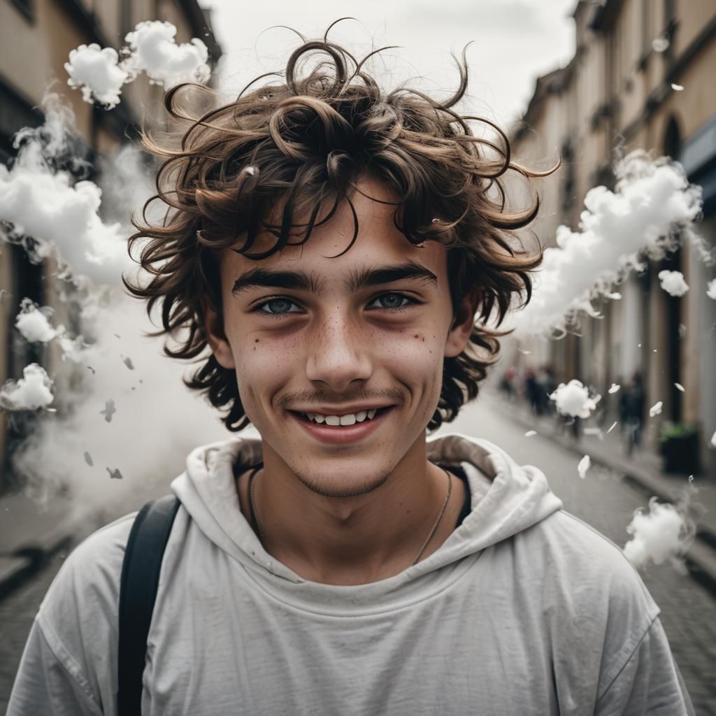 Teen Leaps from Cloud in Street Photography Style