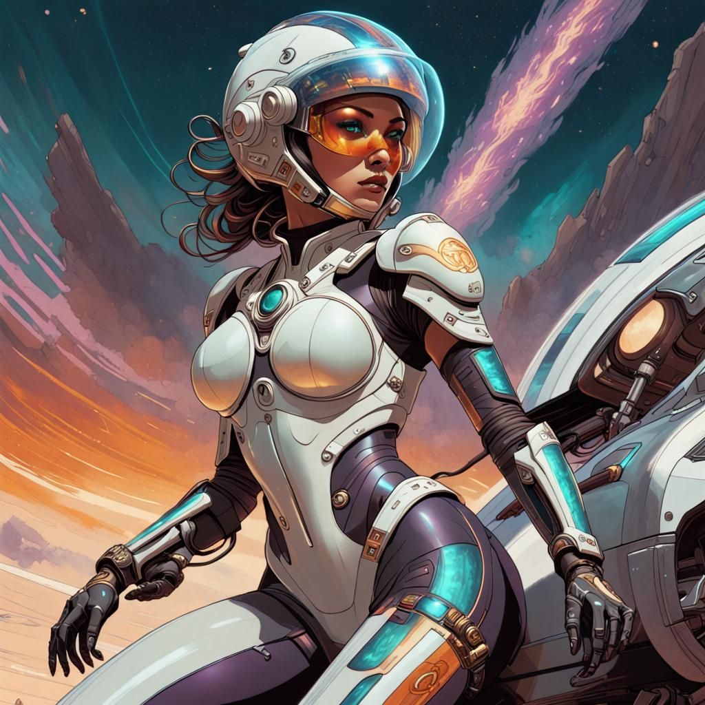 Futuristic Female Racer in Galactic Exosuit