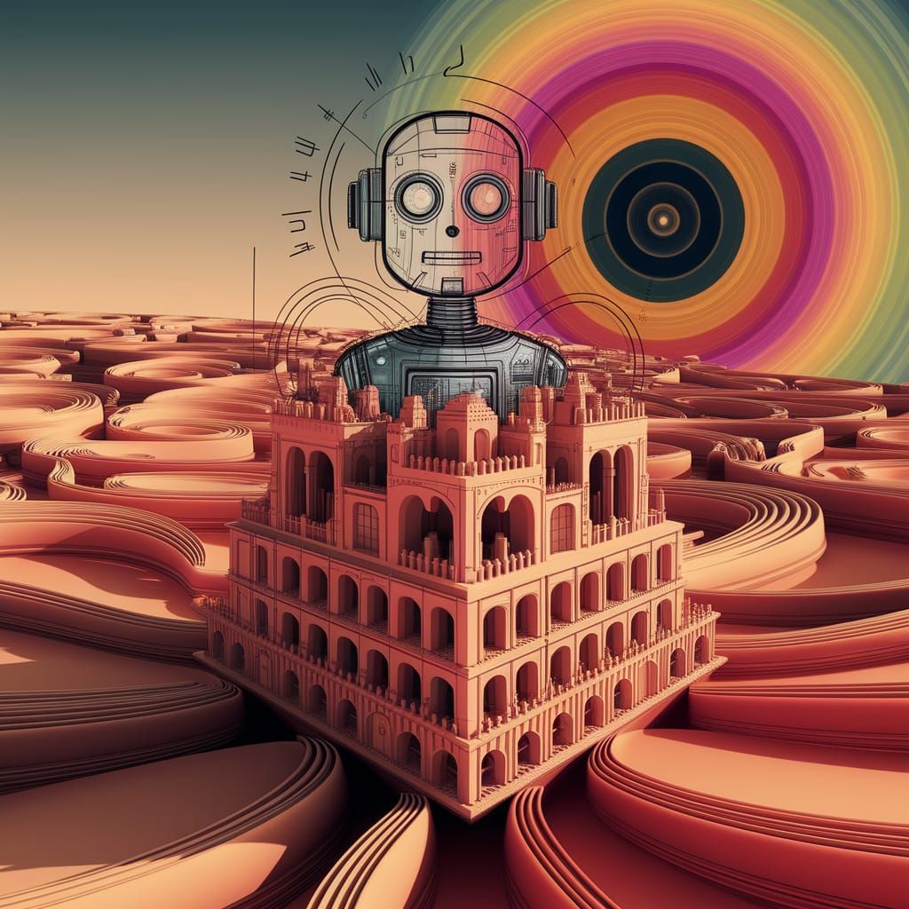 Futuristic Robot Mind Map in Abstract Fractal Landscape