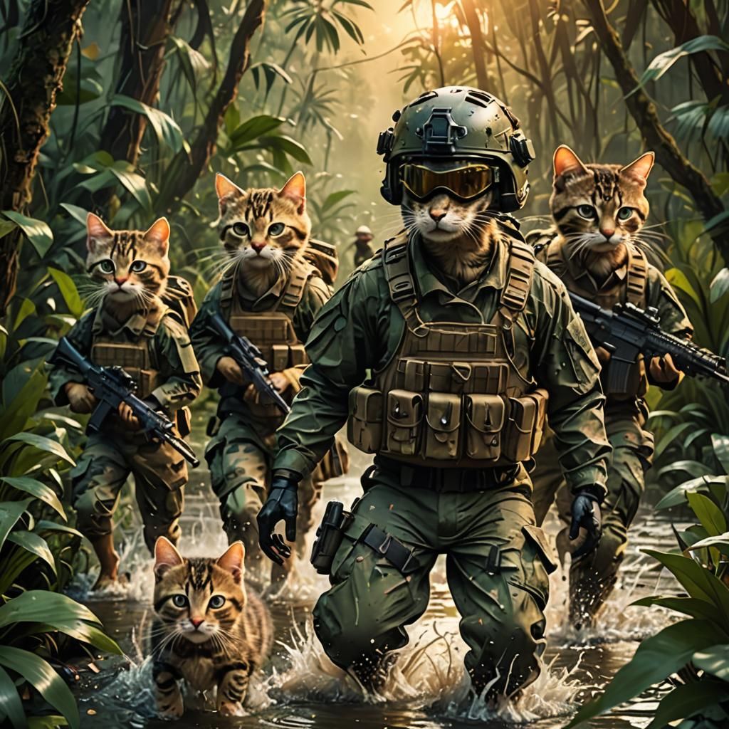 Special Forces Ducks and Kittens in Jungle, Digital Art