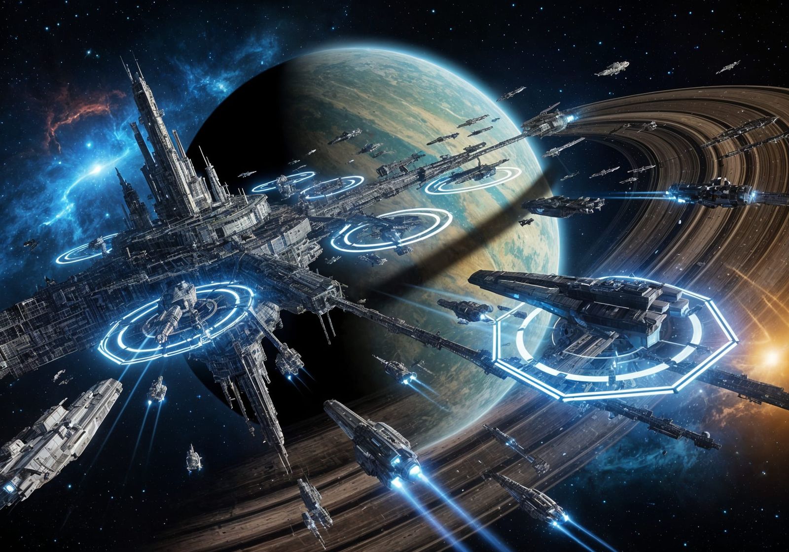 Sci-Fi Space Station Orbiting Planet with Docking Starships