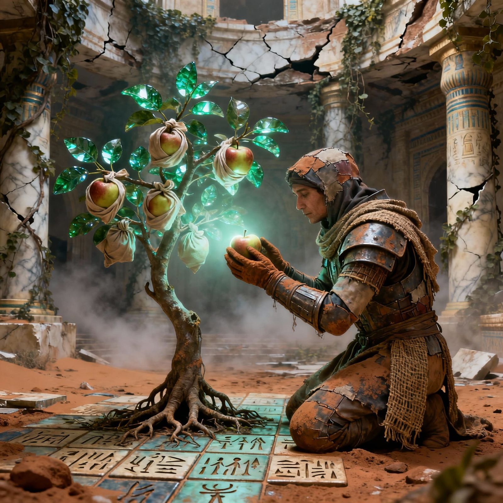 Martian Gardener Tends Glowing Earth Apple Tree