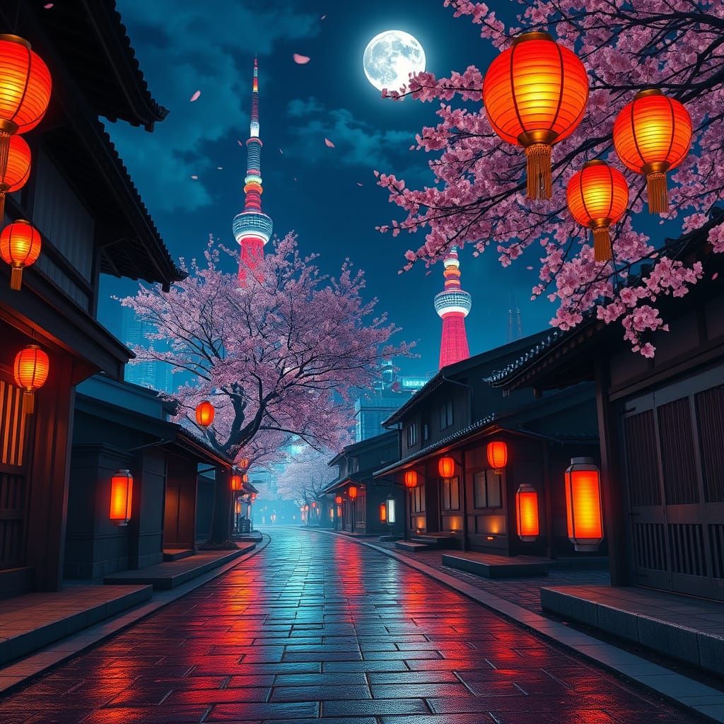 Traditional Japanese Street at Night, Blending Heritage and ...
