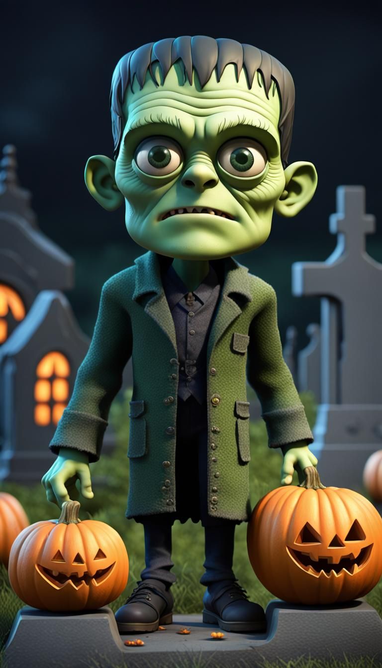 Frankenstein Monster in Cemetery, Pixar Style