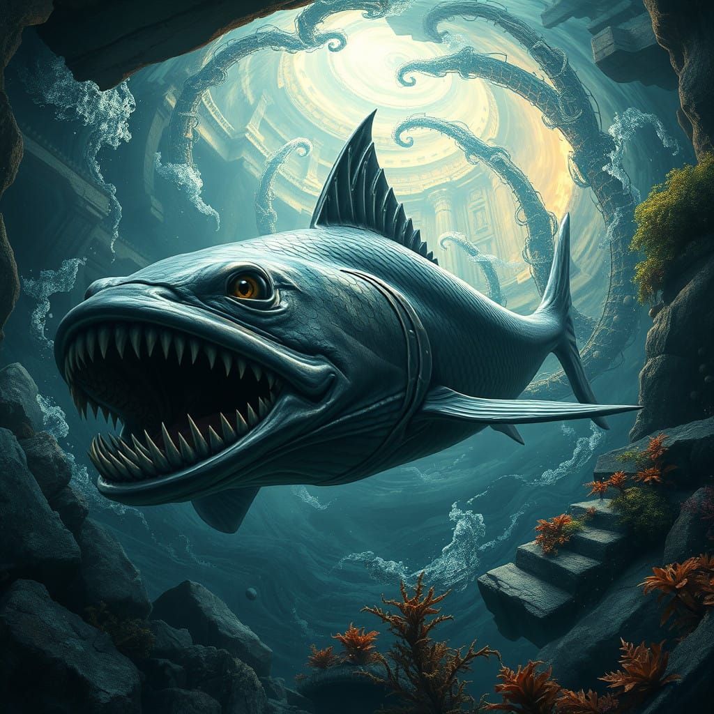 Majestic Barracuda Dominates Ancient Temple Ruins in Dark Fa...