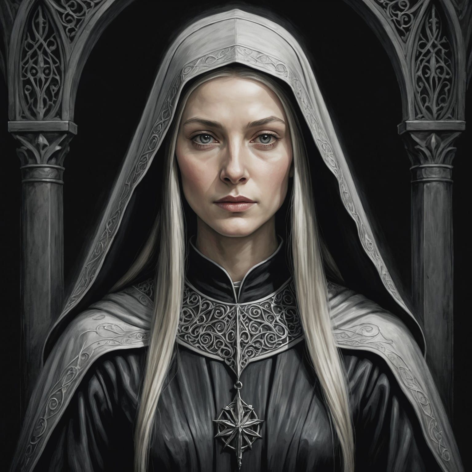 Galadriel in Rubberized Nun Habit: Charcoal Drawing