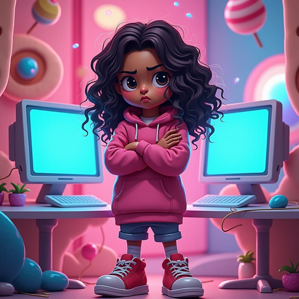 Annoyed Girl in a Candy-Colored Cyberpunk Lab