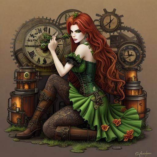 Poison Ivy in Front of Steampunk Engine