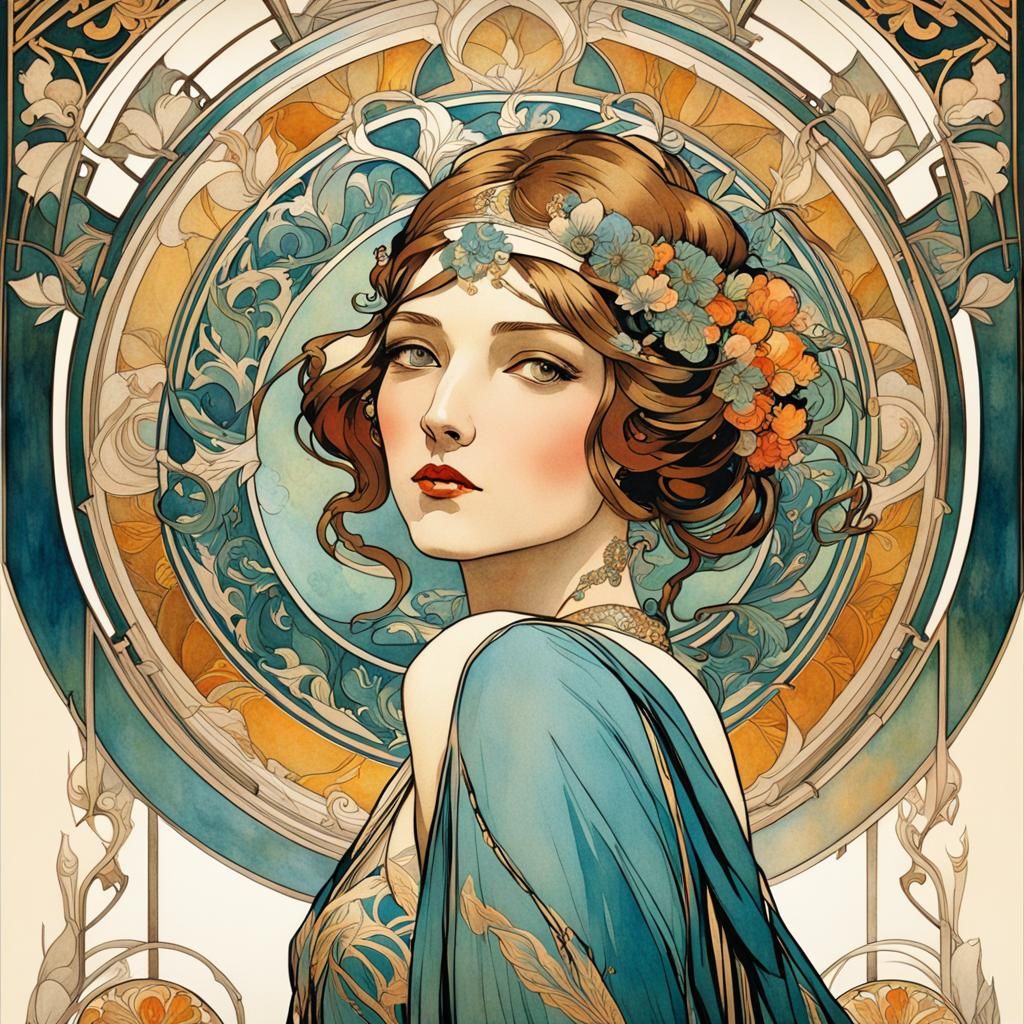 Art Deco Girl in Watercolor Style