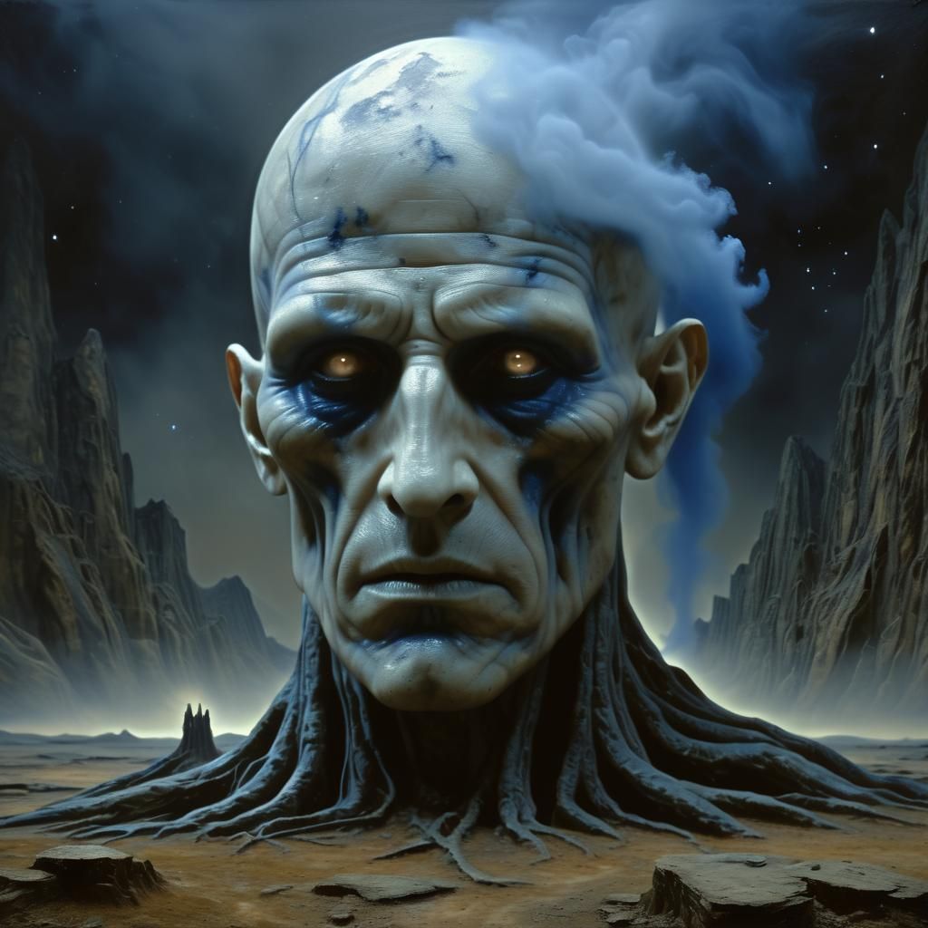 Disappointed Creator God in Surreal Landscape as Oil Paintin...