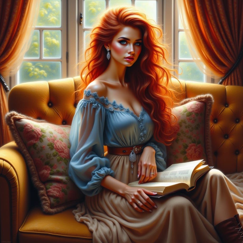 Woman Reading on Velvet Sofa in Golden Sunset Light