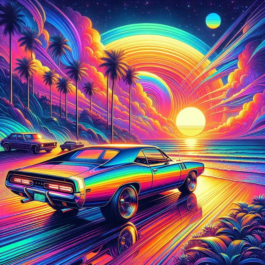 Rainbow Muscle Car at Sunset: Synthwave Aesthetic