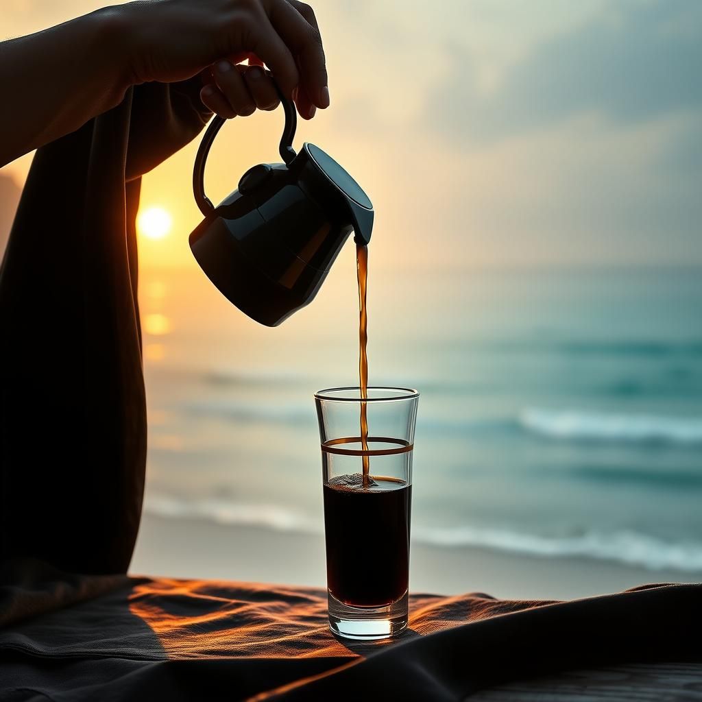 Sunrise Beach Scene with Velvet Table and Coffee