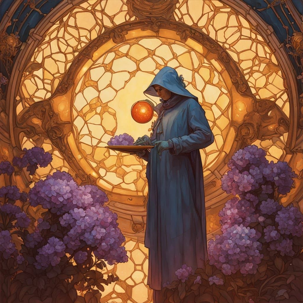 Celestial Beekeeper Tending Stardust Bees in Art Nouveau