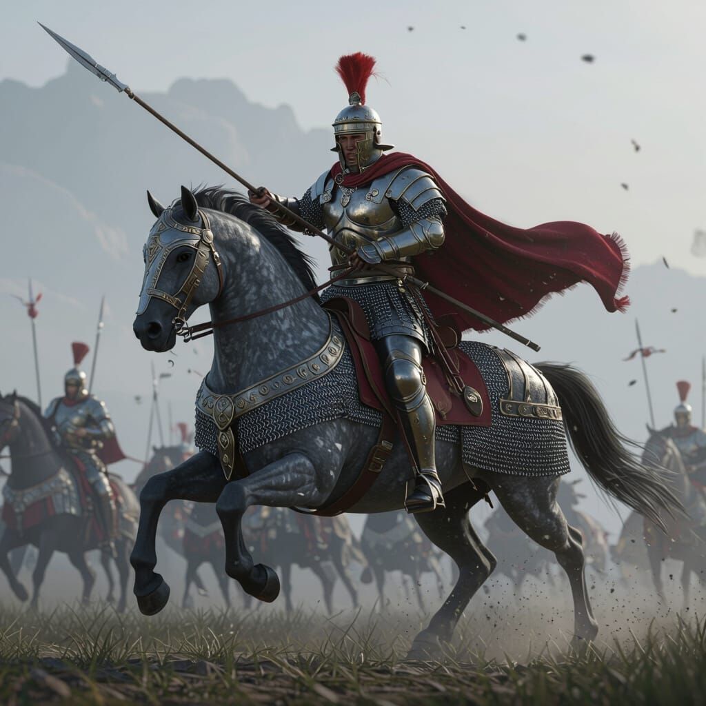 Roman Warrior on Armored Warhorse Charging to Battle